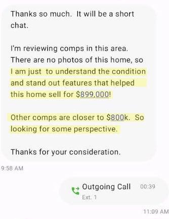 Third-party text message confirming strong comp support for $899,000 sale